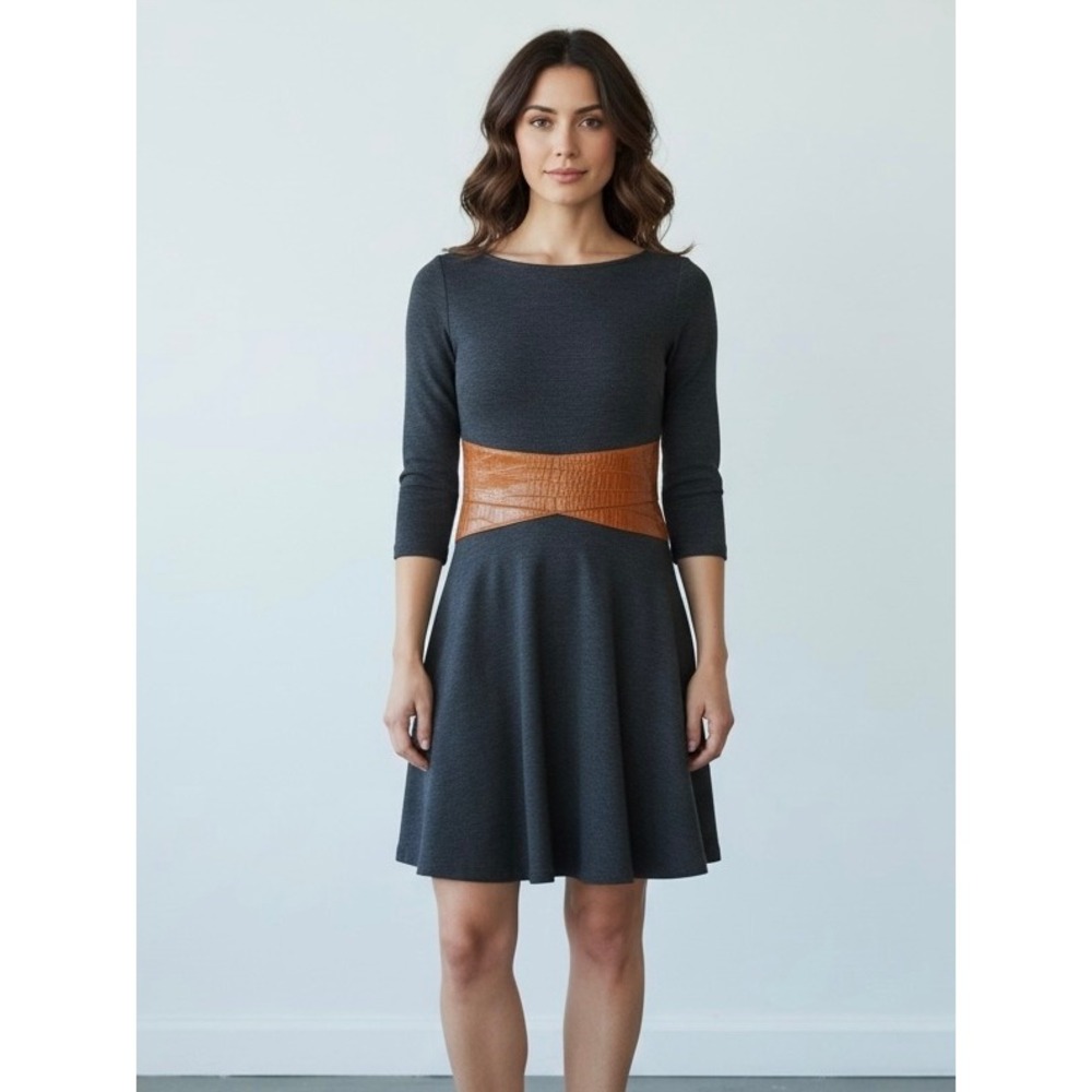 Shani Charcoal Grey Fit and Flare Dress Faux Leather Waist 6